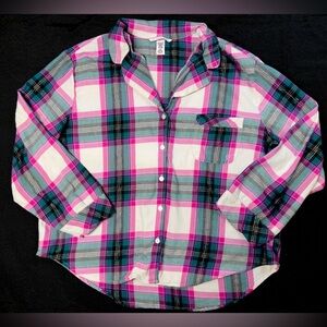Victoria's Secret Plaid Flannel Pajama Top Womens Large Pink Cotton Button Down